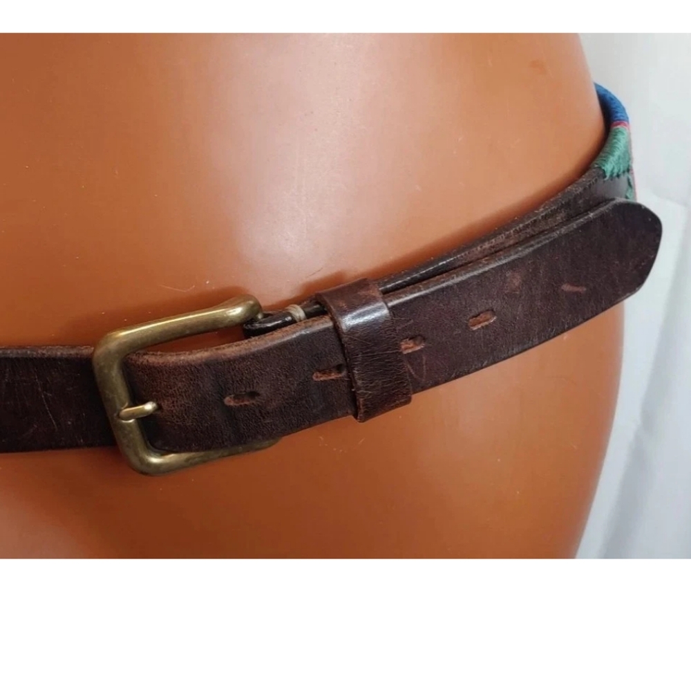 Vintage Southwestern Aztec Tribal Embroidered Brown Leather Belt Adult Sz 38